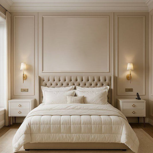 Upholstered Bed Base with Tufted Headboard and Matching Pedestals