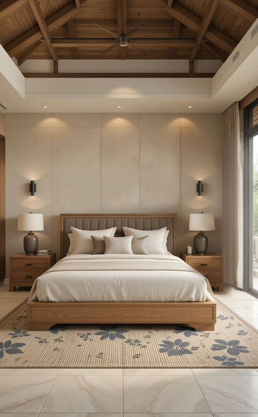 Modern Wooden Bed Base with Upholstered Headboard and Matching Pedestals