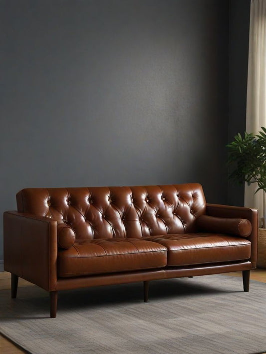Mid-Century Modern Genuine Leather Tufted Couch