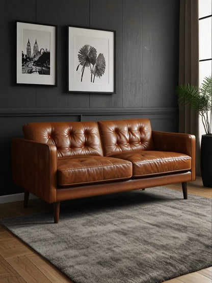 Mid-Century Modern Genuine Leather Tufted Couch